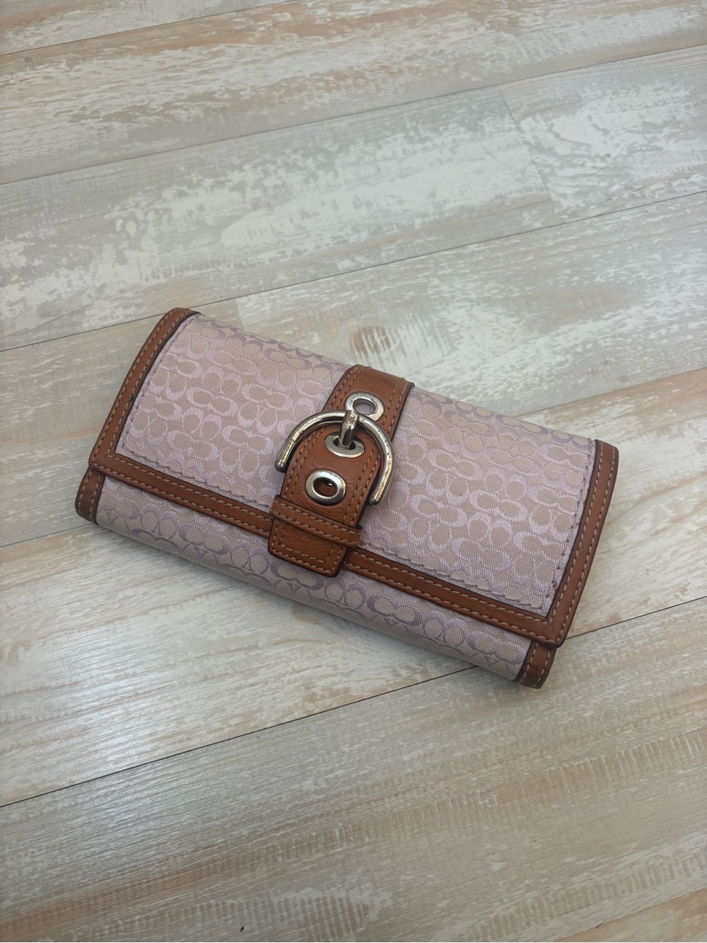 Coach Pink Signature Wallet with Brown Leather Trim and Buckle